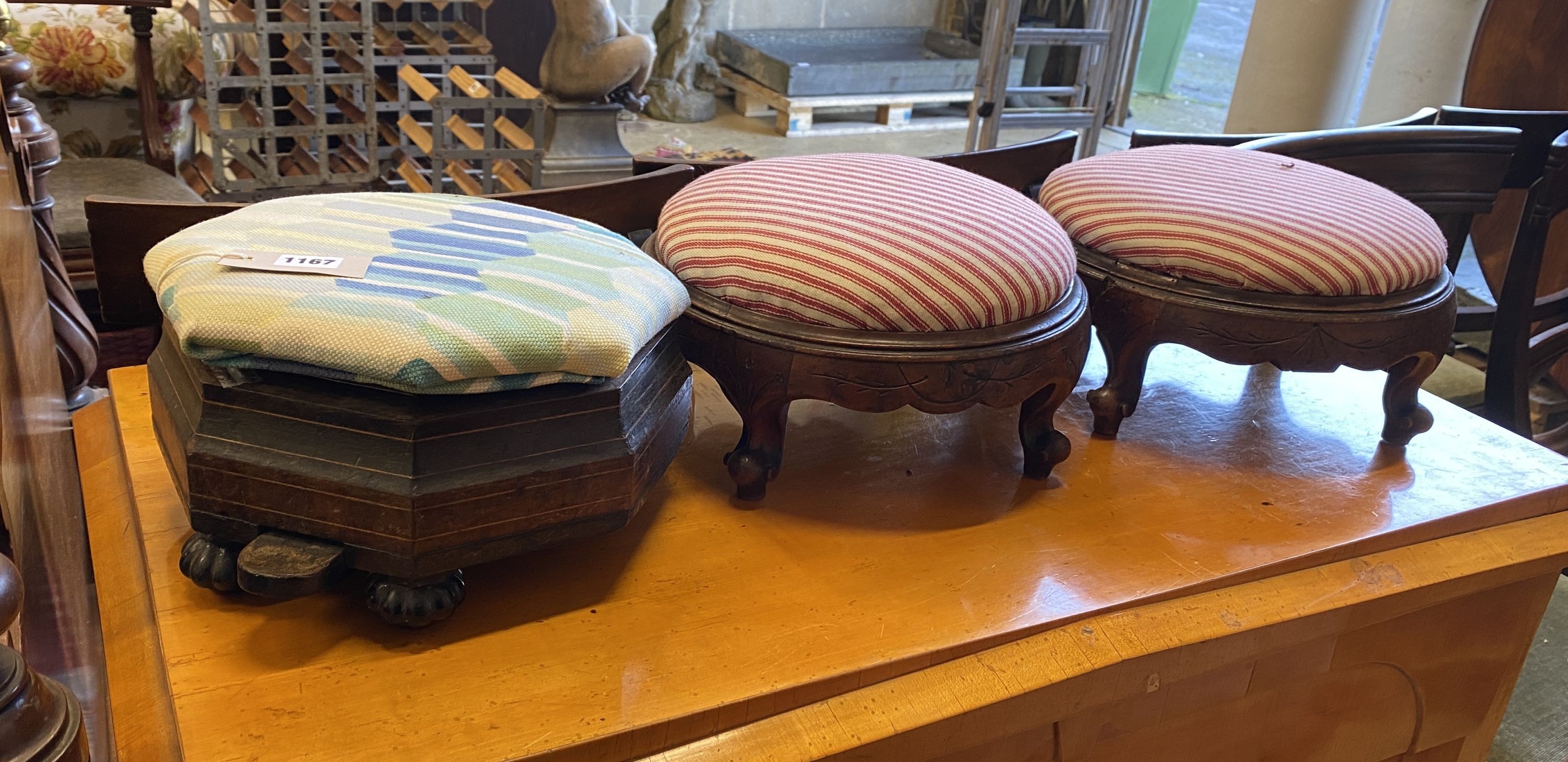 A Victorian octagonal footstool / spitoon together with a pair of Victorian circular mahogany footstools